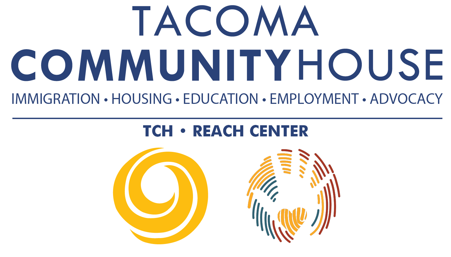 Tacoma Community House logo with Immigration, Housing, Education, Employment, & Advocacy as a tagline. As well as TCH Reach Center with two decorative spiral shapes in yellow, rust, and blue color. The text is all blue.
