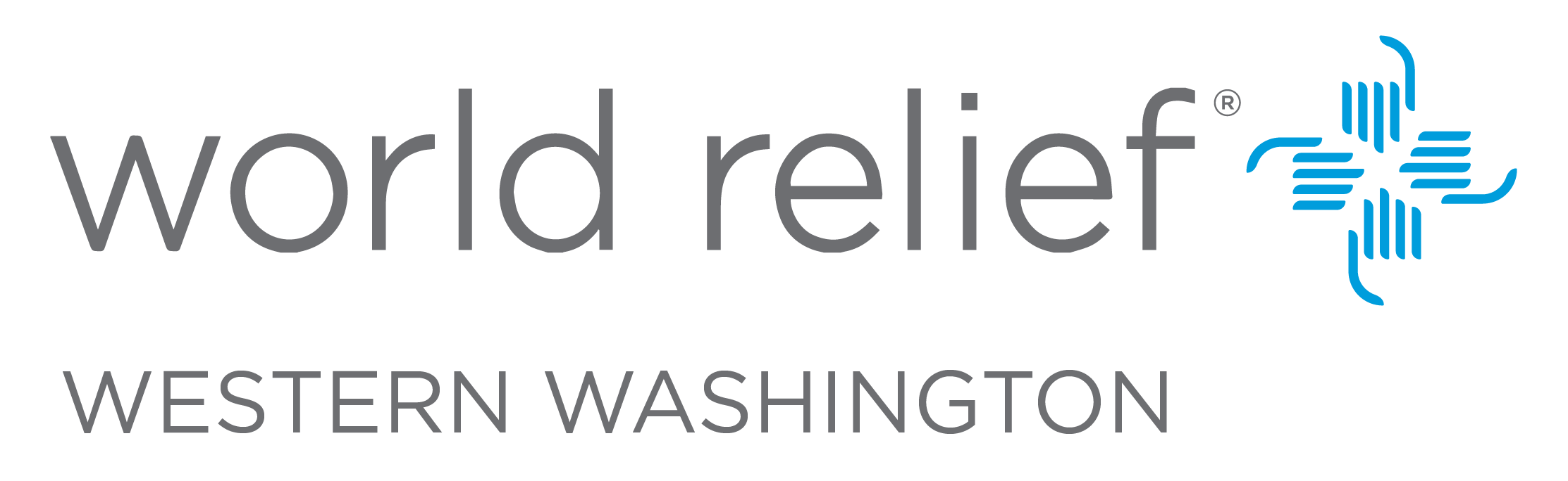 World Relief Western Washington logo made up of grey text and a blue decorative plus like shape.